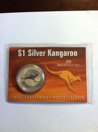 2004 1oz.  999 Pure Silver $1 Kangaroo Frosted Uncirculated Carded Coin photo