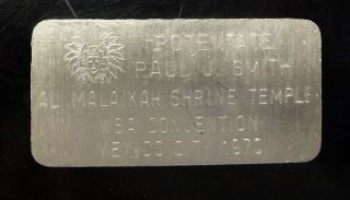 Masonic 3 Toz.  999 Silver Art Bar Potentate Paul J Smith Wsa Convention 1970 photo