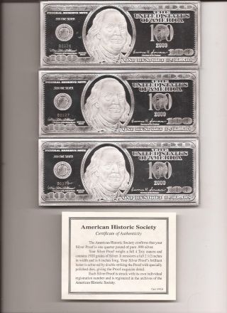 2000 (3) Silver Certificates Proof,  $100.  00 Note.  999 Pure Silver 4 Troy Ounces photo