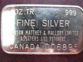 Johnson Matthey & Mallory Ltd 1 Oz.  999 Silver Bar,  Ser 006895 Very Rare photo