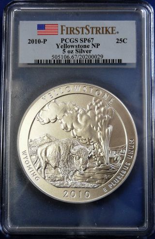 2010 - P Yellowstone Np Atb 5 Oz.  Silver Coin - Pcgs (first Strike) Sp - 67 photo