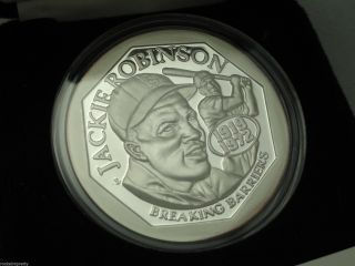 Jackie Robinson 1oz Proof Baseball Coin & Black Coin Box.  999 Pure Silver Round photo