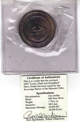 2003 Lewis Clark Drouillard $1 Dollar 999 Fine Silver Coin Shawnee Bu - photo