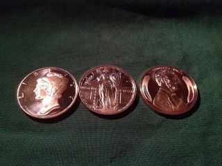 Penny Dime And Old Quarter All Brilliant U 1 Oz Each Of Pure.  999 Copper photo