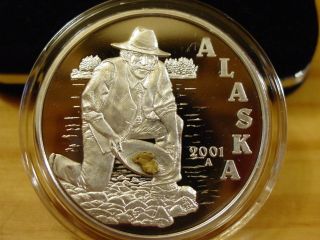 Alaska 2001 Gold Panner Medallion 999 Silver Proof Troy Ounce Gold Nugget photo