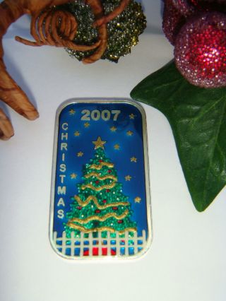2007 Rare.  999 One Troy Ounce Fine Silver Enameled Christmas Tree Bullion Bar photo