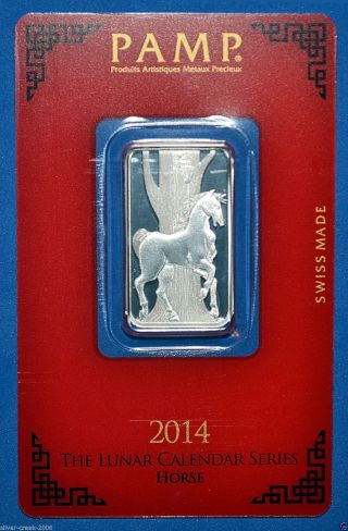 2014 Lunar Year Of The Horse 10 Gram.  999 Pamp Suisse Fine Silver Bar (in Assay) photo