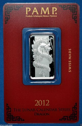 2012 Lunar Year Of The Dragon 10 Gram.  999 Pamp Suisse Fine Silver Bar In Assay photo