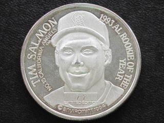 1993 Tim Salmon Al Rookie Of The Year.  999 Silver Medal A0968 photo