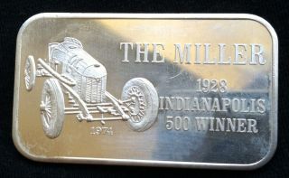 The Miller 1 Oz.  999 Fine Silver Bar 1928 Indianapolis 500 Winner photo