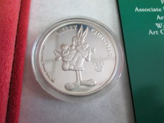1992 Merry Christmas Bugs Bunny 1 Troy Ounce.  999 Fine Silver Round Proof photo