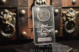 5 Oz Silver Bar Pure.  999 Fine Silver Morgan Design Bullion Ohsilver photo