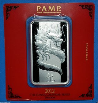 2012 100 Gram Pamp Suisse Year Of The Dragon 0.  999 Fine Silver Bar (in Assay) photo