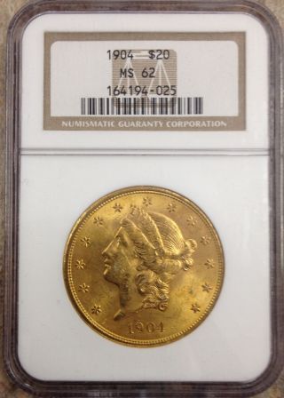1904 P $20 Liberty Gold Ngc Ms 62 Premium Quality Coin Price To Sell photo