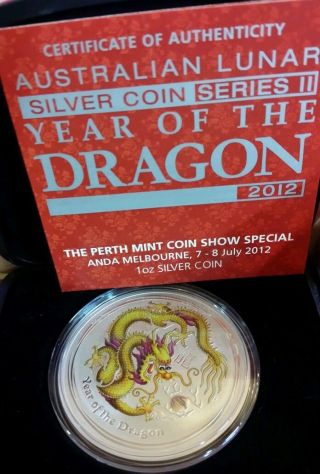 2012 Australian 1 Ozsilver Colorized Gold/red Lunar Year Of Dragon photo
