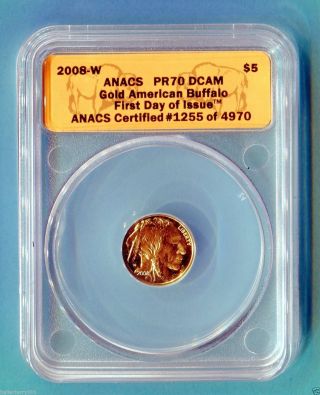 2008 - W.  9999 Gold Proof $5 American Buffalo - Pr70 Dcam - 1/10 Oz.  - First Day Issue photo