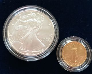2004 American Eagle Ten Dollar 1/4 Oz Gold Coin & Silver Eagle 1oz photo