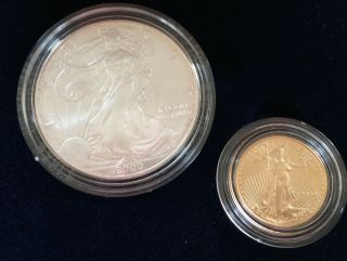 2000 American Eagle Ten Dollar 1/4 Oz Gold Coin & Silver Eagle 1oz photo