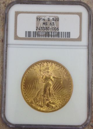 1914 S $20 St Gaudens Gold Ngc Ms63 Premium Quality Coin photo