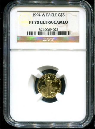 1994 - W 1/10 Oz $5 Proof American Gold Eagle Ngc Pf - 70 Ultra Cameo Tough Year photo