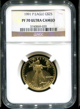 1991 - P 1/2 Oz $25 Proof American Gold Eagle Ngc Pf - 70 Ultra Cameo Tough Year photo