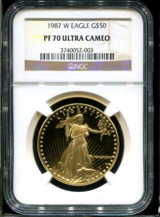 1987 - W $50 Proof American Gold Eagle Ngc Pf - 70 Ultra Cameo 1 Oz.  Fine Gold photo