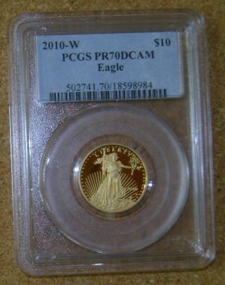 2010 W $10 Gold Proof American Eagle 1/4 Oz Fine Gold Flawless Pcgs Pr 70 Dcam photo