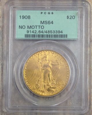 1908 $20 St Gaudens Gold Pcgs Ms64 Ogh No Motto Premium Quality Coin photo