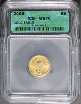 2005 $5 Gold Eagle Ms70 Rare Perfect Grade Coin Icg 1/10th Oz.  999 photo