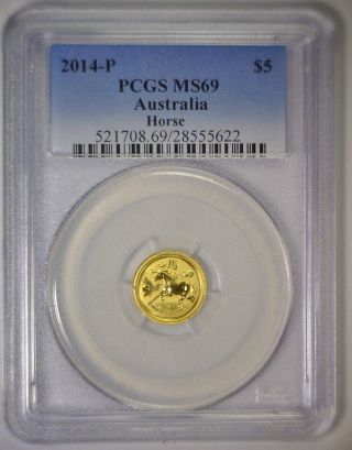 2014 P $5 Year Of The Horse Australia Gold 1/20 Oz Coin Bu Unc Pcgs Ms69 69 photo
