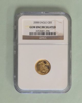 2008 $5 Gold Coin Ngc Gem Uncirculated,  1/10ozt.  999 Gold Bullion photo