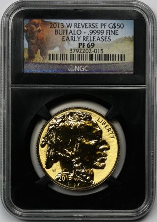 2013 - W Gold Buffalo $50 One - Ounce Reverse Proof Pf 69 Early Releases Ngc Retro photo