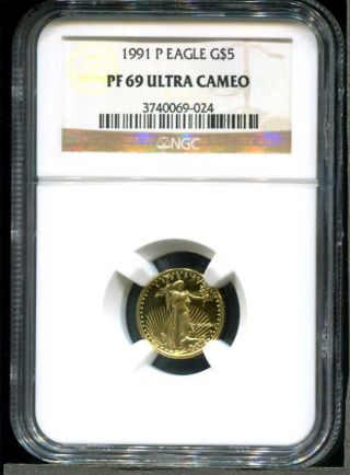 1991 - P 1/10 Oz $5 Proof American Gold Eagle Ngc Pf - 69 Ultra Cameo Tough Year photo