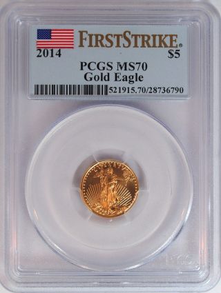 2014 Gold Eagle 1/10 Oz $5 Pcgs Ms70 Fs First Strike Certified Coin photo