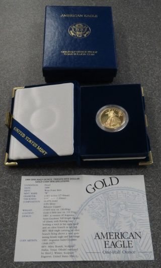 1999 - W American Gold Eagle One - Half 1/2 Ounce Proof Bullion Coin Case & photo