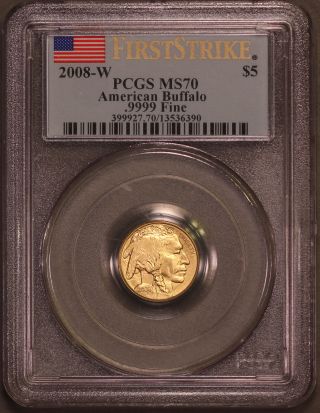 2008 - W Pcgs Ms70 First Strike $5 Gold Buffalo Rare One Year Type Coin photo
