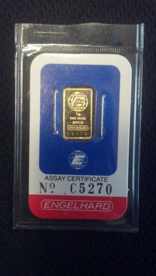 1 Gram.  9999 Gold Engelhard Bar - In Card - Serial Numbered photo