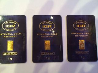 3 X 1 G Gram 9999 24k Premium Igr / Iar Gold Bullion Bar Ingot photo