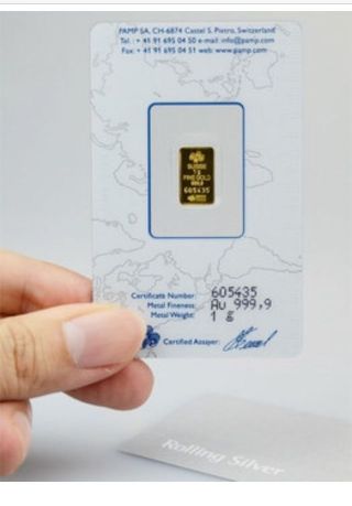 Solid Gold 1 Gram Pamp Suisse Gold Bar.  9999 Fine photo