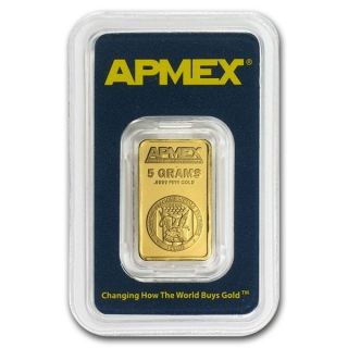 5 Gram Apmex Gold Bar.  9999 Fine (in Tep Package) photo