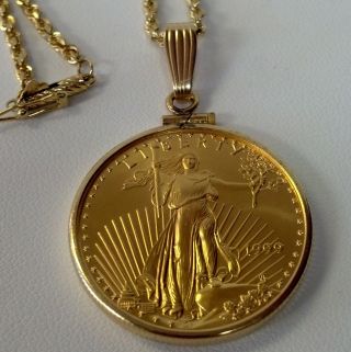 1999 1/2 Ozt $25 American Gold Eagle In A Bezel On A 14k Rope Chain - 18 