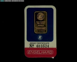 Rare Engelhard 1/2 Oz.  9999 Fine Gold Bar In Assay Plastic photo