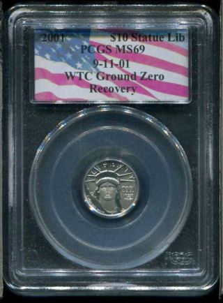 2001 $10 Platinum Eagle 1/10 Oz.  Wtc Ground Zero Recovery Pcgs Ms - 69 Flag Label photo