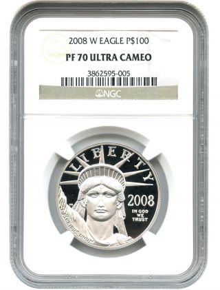 2008 - W Platinum Eagle $100 Ngc Proof 70 Dcam Statue Liberty 1 Oz photo