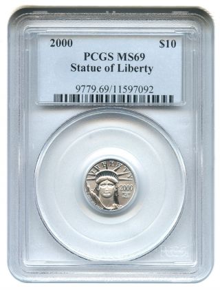 2000 Platinum Eagle $10 Pcgs Ms69 Statue Liberty 1/10 Oz photo