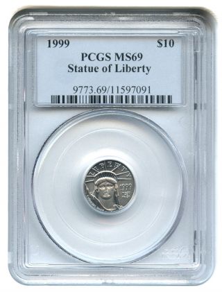 1999 Platinum Eagle $10 Pcgs Ms69 Statue Liberty 1/10 Oz photo