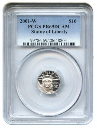 2001 - W Platinum Eagle $10 Pcgs Proof 69 Dcam Statue Liberty 1/10 Oz photo
