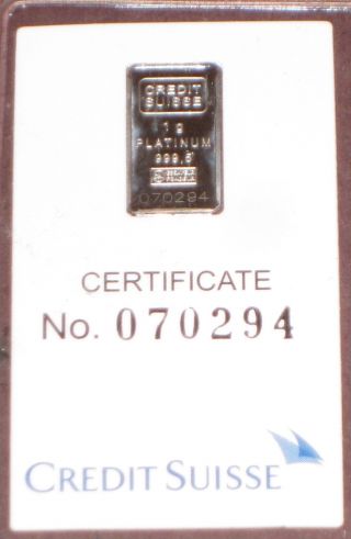 1985 Credit Suisse 1 Gram Platinum Ingot Collectible Lady Liberty Usa Rare photo