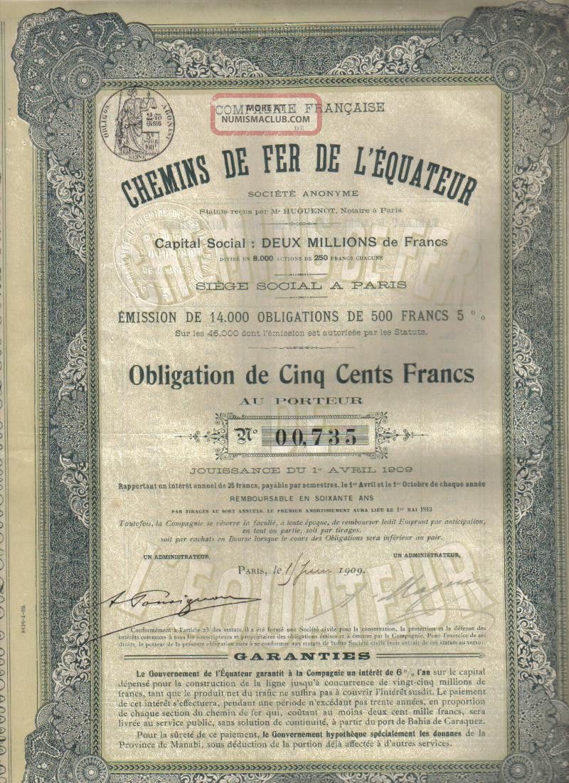 Ecuador France 1909 Bond 5% Railroad Chemins De Fer 500 Fr Uncancelled Coupons World photo