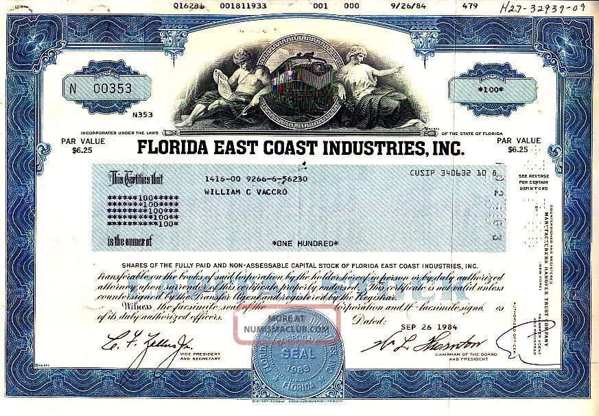 Florida East Coast Industries,  Inc.  Fl 1984 Stock Certificate Stocks & Bonds, Scripophily photo